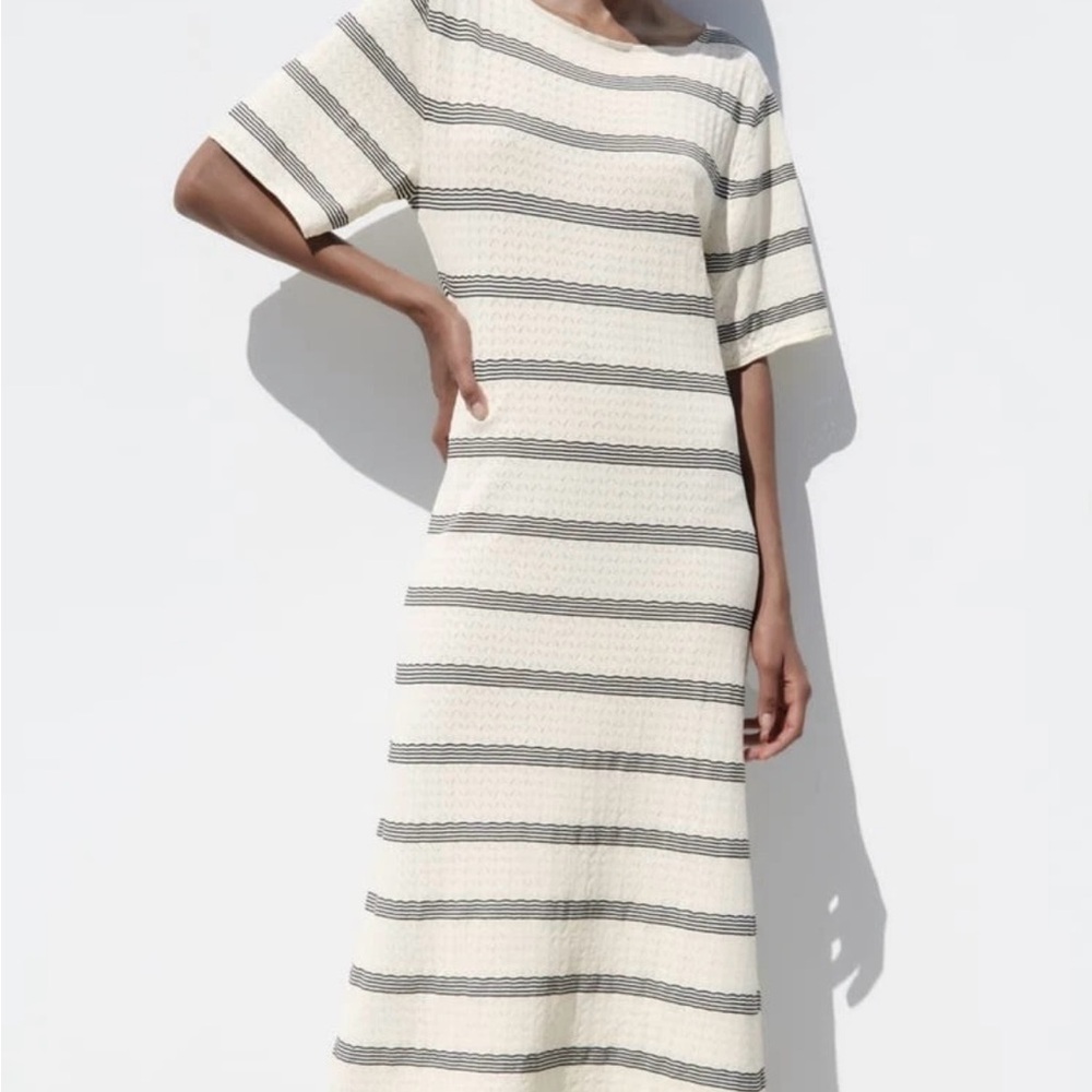 Zara Cream and Black Striped Midi Dress